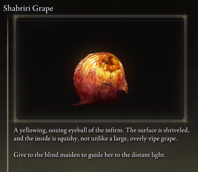 Wow, we sure are finding a lot of grapes, I wonder what the item description says.ooooh. Cool. We've been feeding a blind lady the eyeballs of the weak, feeble, and frail.Hey twitter user (yeah, you), remember 'Shabriri,' okay?(12/58)