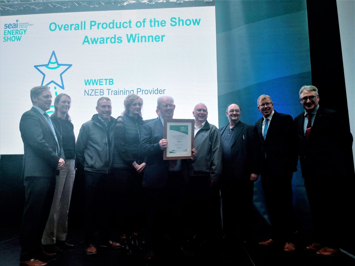 ETBIreland's tweet photo. Well done to the @WWETBofficial team: their NZEB (Nearly Zero Energy Buildings) Training programmes have been awarded Overall Product of The Show AND Best Service Provider at the @SEAI_ie Green Energy 2022 Awards @ #EnergyShow22  #NZEB #GreenFET #GreenSkills #ETBStrongerTogether https://t.co/BHKXgV4HIe