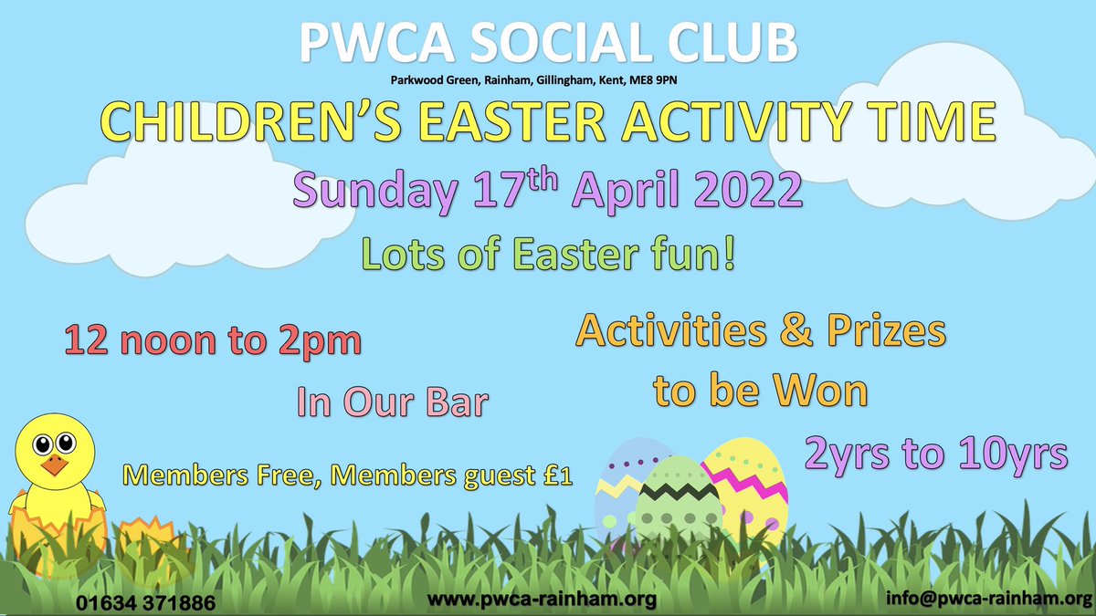 pwca_rainham's tweet photo. CHILDREN’S EASTER ACTIVITY TIME🐣

SUNDAY 17th APRIL 2022

12 noon to 2pm In Our Bar🎨

Activities &amp; Prizes to be won 🏅

2yrs to 10yrs

Members Free, Members guest £1 https://t.co/ppsx4zrFip
