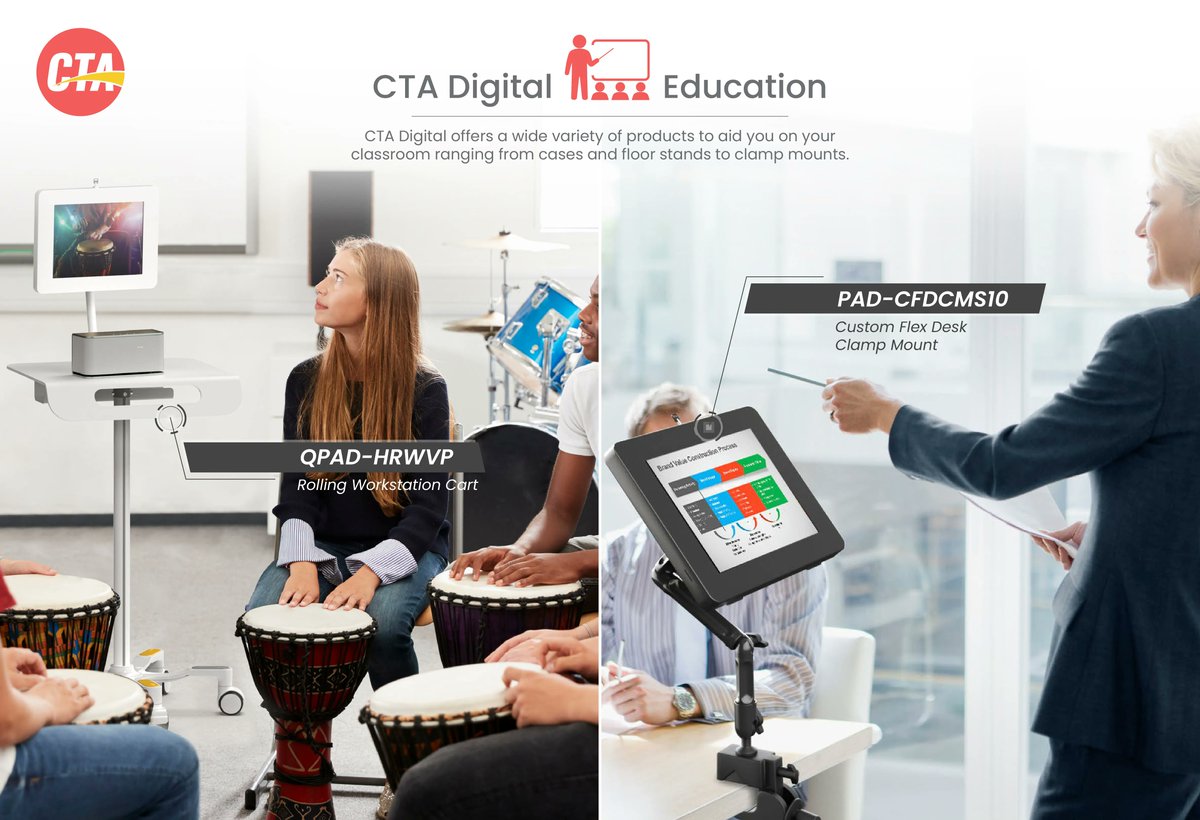 cta_digital's tweet photo. Would a rolling floor stand with tablet enclosure make a teacher's day run more smoothly? How about a clamp mount? Whatever your needs, CTA Digital has what you need to make work better. https://t.co/T0xjy27DNZ