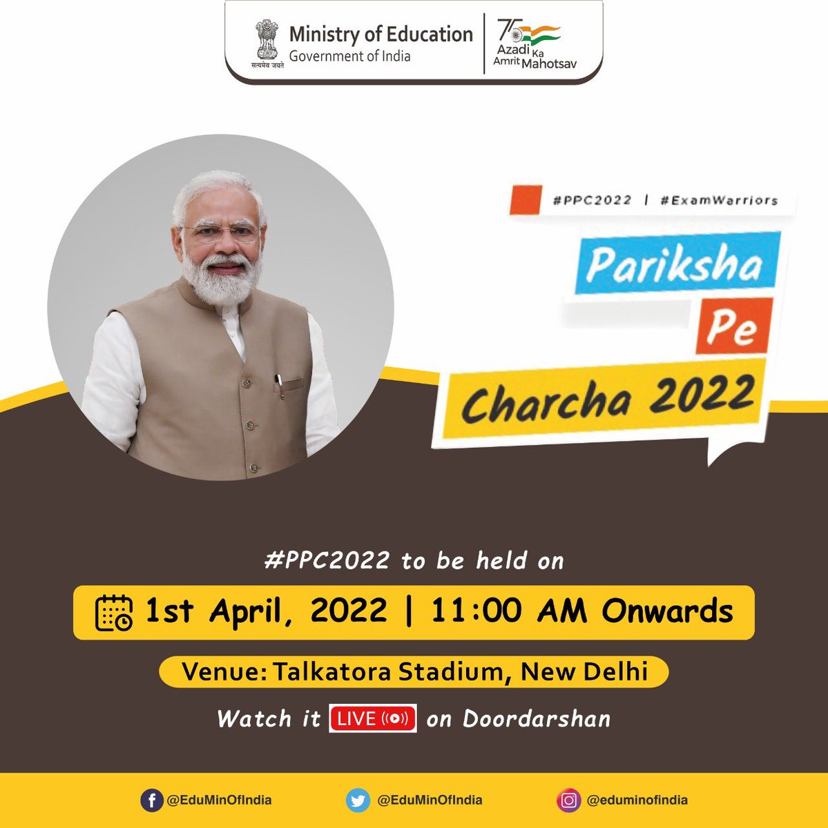 EduMinOfIndia's tweet photo. Staying focused is the key to success. Pariksha Pe Charcha 2022 is a much-awaited event to be held at Talkatora Stadium, New Delhi where Hon’ble PM Shri @narendramodi will guide &amp; motivate the #ExamWarriors with precious life mantras. #PPC2022 https://t.co/RMCzaZay05