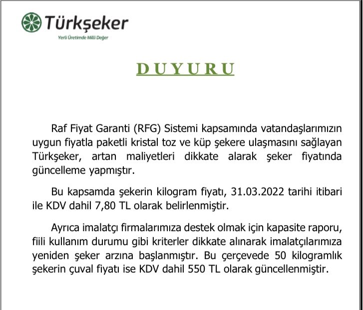 Türk Şeker, şekere zam yaptı. Bir kilo şeker 5,96 TL’den 7,80 TL’ye çıktı.
Bir yandan iktidar gıdada KDV’yi indirdiğini söyleyip bakkal basma şovu yapıyor. Diğer yandan şekere, buğdaya, ete zam yapıyor. 
Dalga geçer gibi ‘güncelleme’ diyorlar.
Seçimde görürsünüz güncellemeyi…