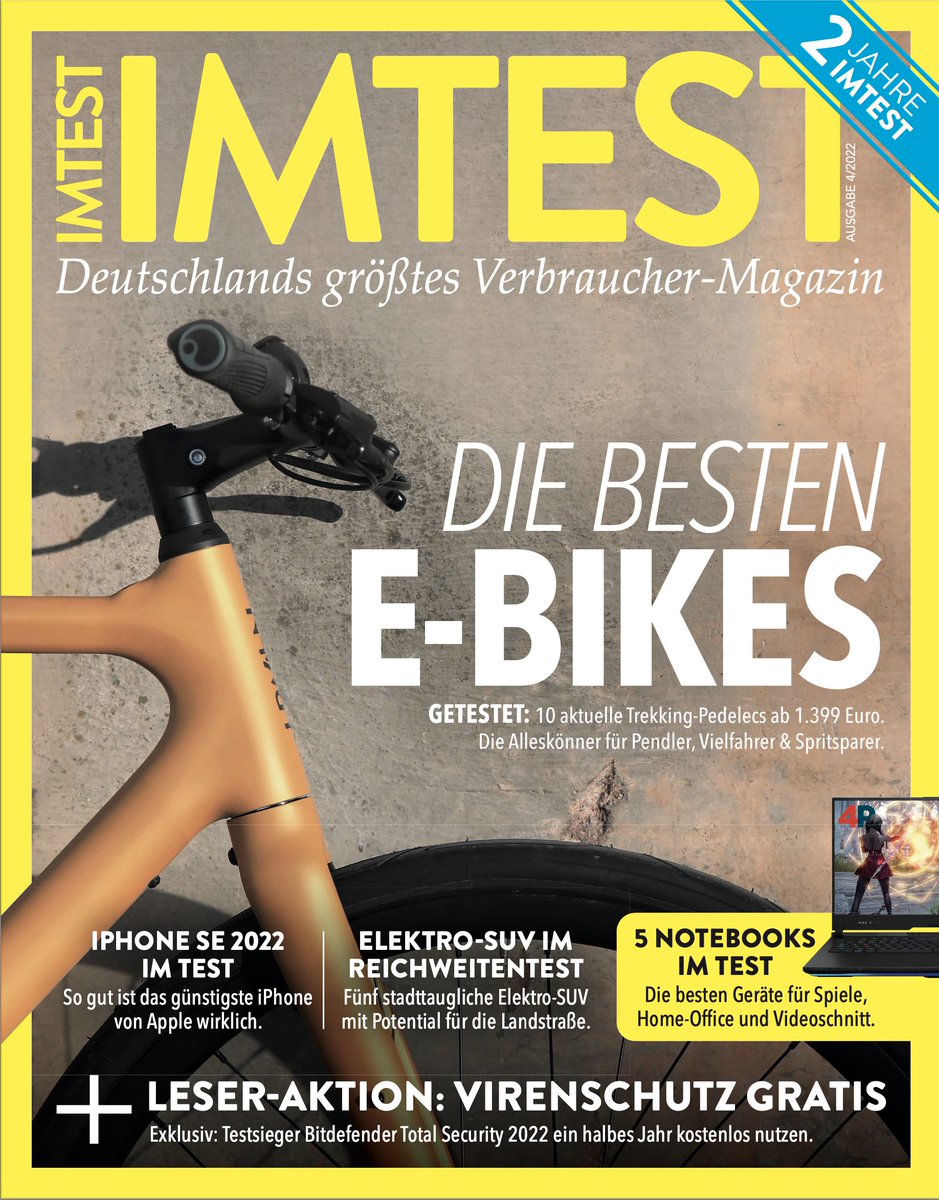 AxelTelzerow's tweet photo. Morgen. Die Jubiläums-Ausgabe von IMTEST. Natürlich in allen @FUNKEMEDIEN Tageszeitungen. Print und Digital.

Mit großem #eBike Test, 5 Elektro-SUV, 5 Gaming-Notebooks und der Vollversion von @Bitdefender_DE. 

#FUNKEONE #WirsindFUNKE https://t.co/ql4Zd7QKpB