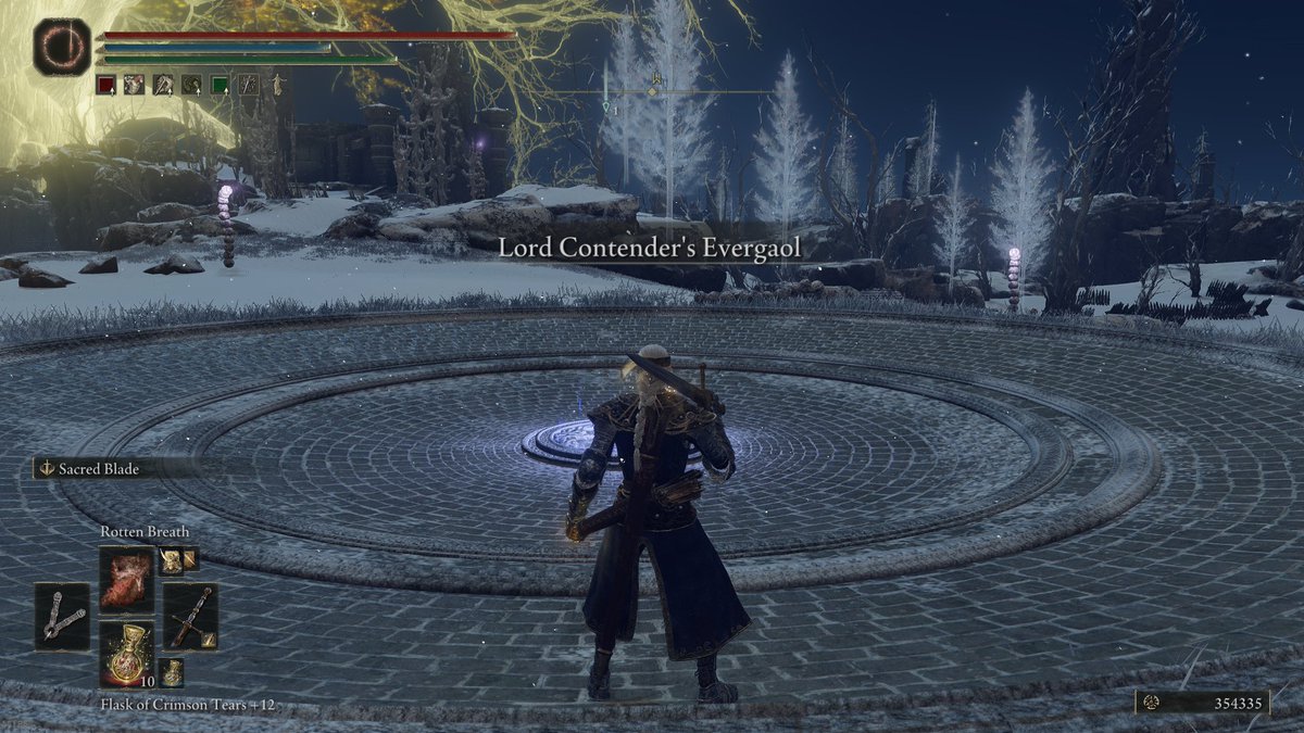 We find an interesting location going by the name of Lord Contender's Evergaol. Whether this references Elden Lord or Lord of Frenzied Flame, I'm unsure. It comes with a great view of the Forge of the Giants tho.(43/58)