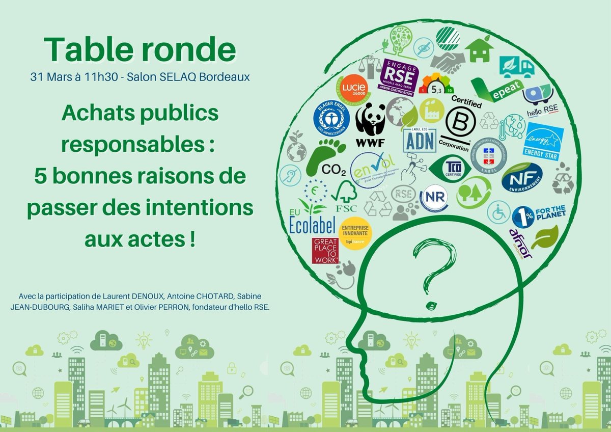 📢salon #SELAQ, helloRSE organise 1 table ronde: "#Achatspublics #responsables-5 bonnes raisons de passer des intentions aux actes"

🗓️31/03, 11h30, Palais des Congrès #bordeaux,

Salon des #élus, agents publics #nouvelleaquitaine #entreprises #institutions #décideurs publics