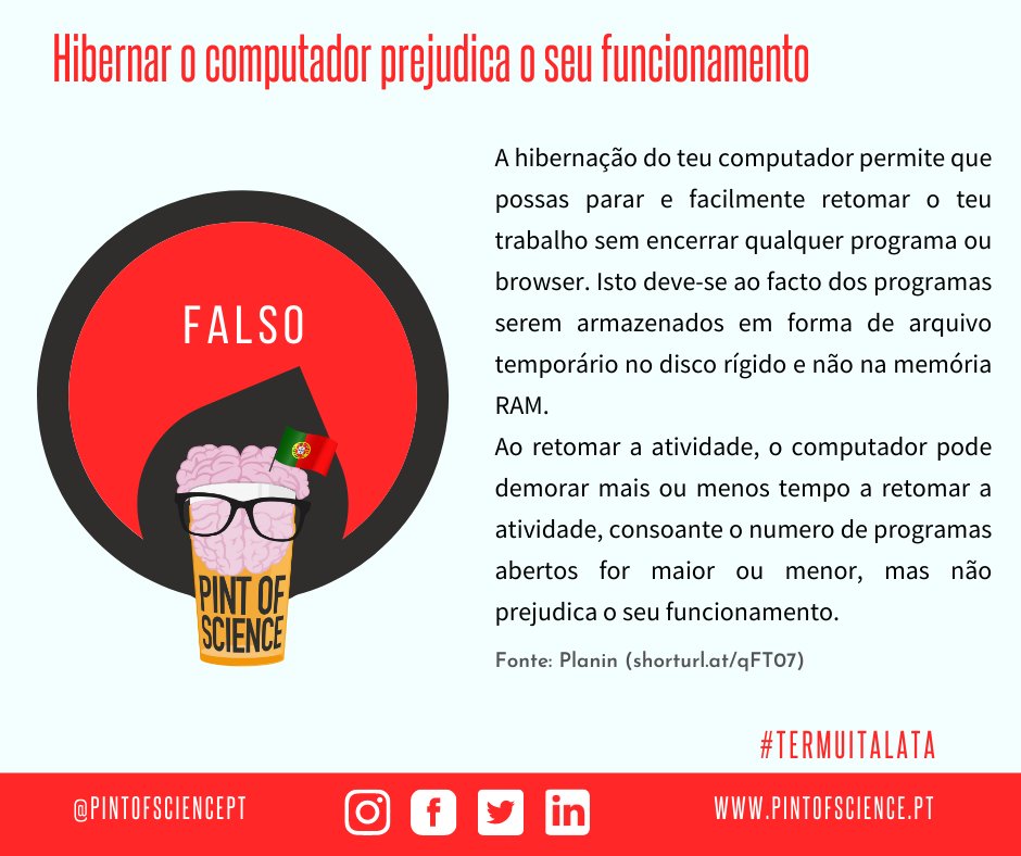 pintofsciencePT's tweet photo. Tens o hábito de hibernar o computador ao invés de o desligar? Descobre aqui se isso prejudica o seu funcionamento! 👩💻🖥💻
#pint22 #pintsworld #pintofscience #pintofscienceportugal #pintPT #termuitalata #mito #computador #tecnologia #hibernar https://t.co/s6PrNGnTPI