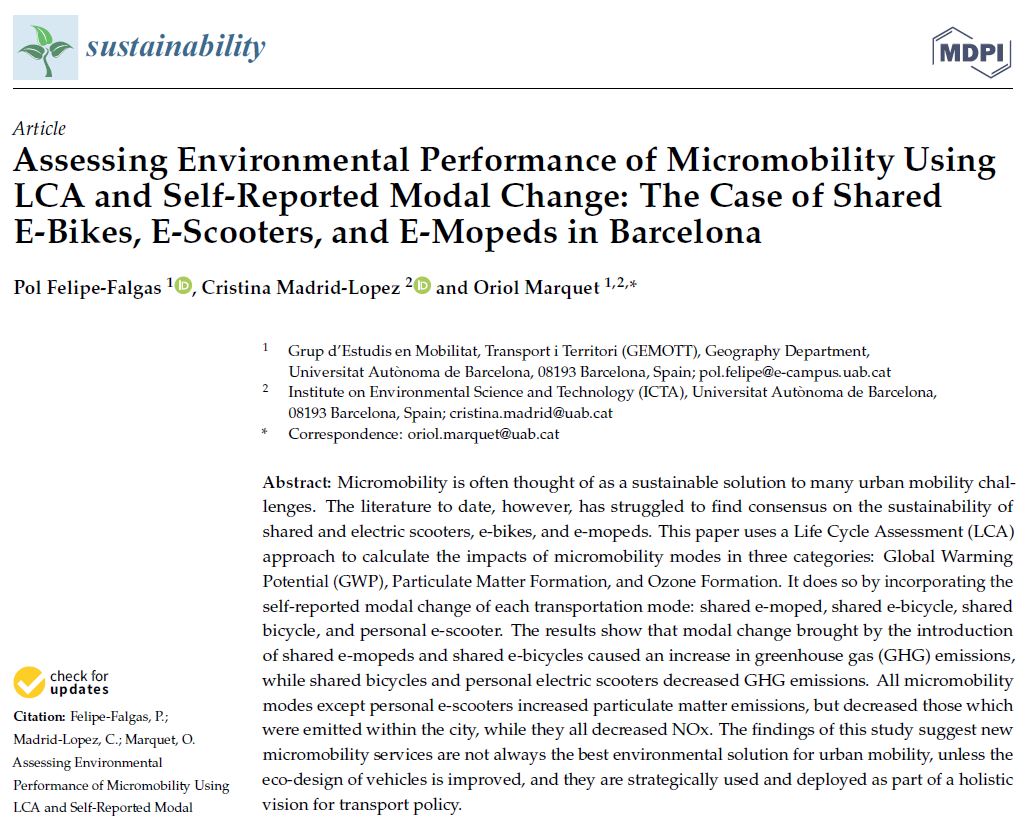 OriolMarquet's tweet photo. New paper just published with @Crismadlop and @Polfelipe2511. Analysing the environmental impact of micromobility in Barcelona using an LCA approach, and considering modal change and past transport habits of new micromobility users. https://t.co/150tPHrPkw https://t.co/CsQ3OjoLKr