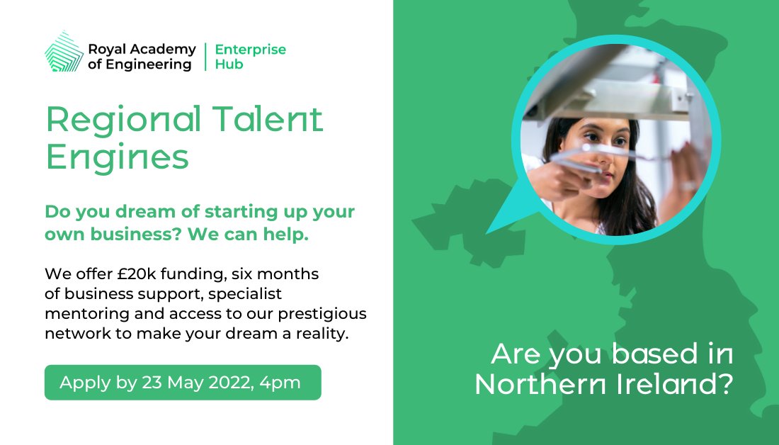 Apply for the @RAEng_Hub’s new Regional Talent Engines! Based in Northern Ireland, they can help you turn your innovation idea into a business with their funding and entrepreneurial support. For information and to apply: enterprisehub.raeng.org.uk/programmes/reg… #RTEngines