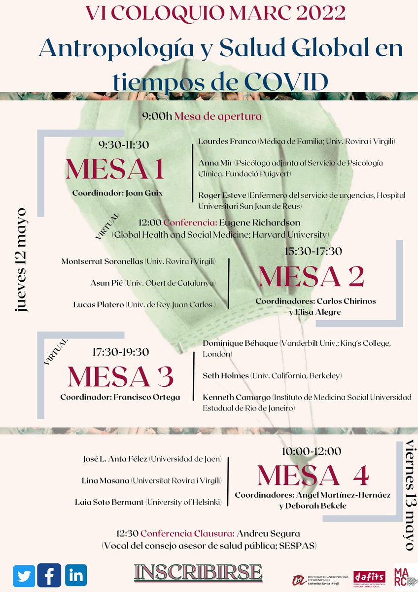 MARC_URV's tweet photo. 📢 ATENCIÓN. Ya puedes inscribirte ✍️al VI Coloquio del MARC.
Tema: "#Antropología y #SaludGlobal en tiempos de #COVID"

📅12 y 13/05/2022
📌 Sala de Juntas, Campus Cataluña, @universitatURV 

Inscríbete 👇
https://t.co/klS2UZ6Tck

#VIColoquioMARC #globalhealth https://t.co/DNWfPZFOJq