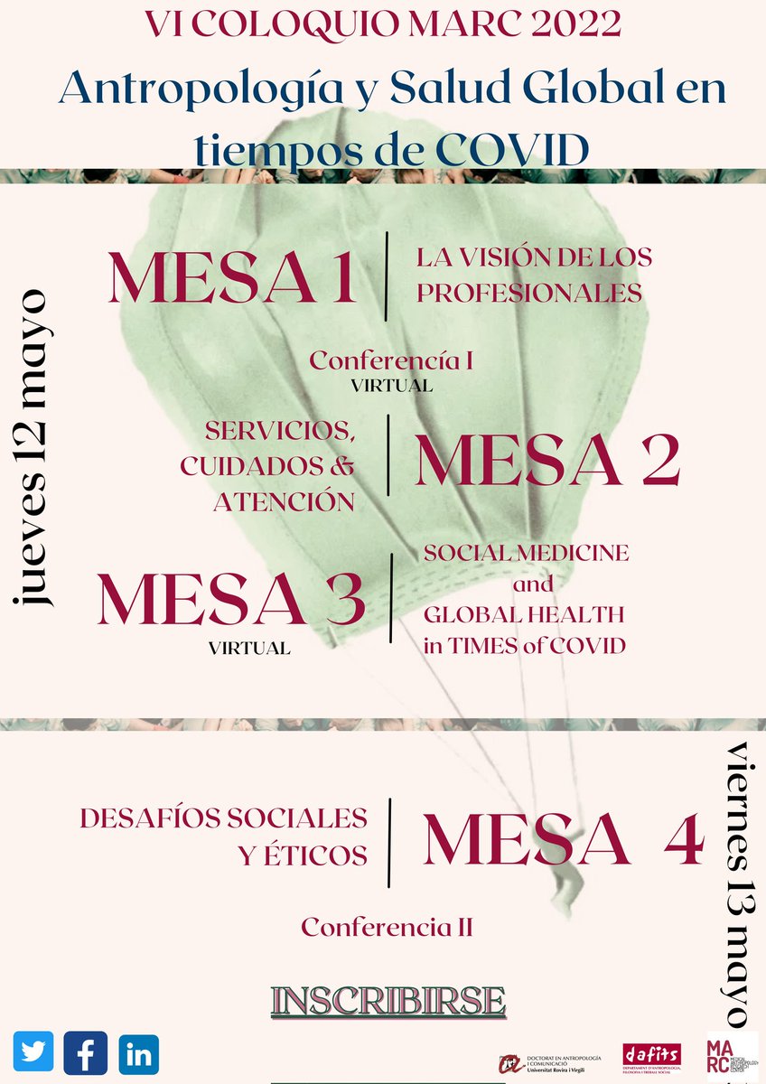 MARC_URV's tweet photo. 📢 ATENCIÓN. Ya puedes inscribirte ✍️al VI Coloquio del MARC.
Tema: "#Antropología y #SaludGlobal en tiempos de #COVID"

📅12 y 13/05/2022
📌 Sala de Juntas, Campus Cataluña, @universitatURV 

Inscríbete 👇
https://t.co/klS2UZ6Tck

#VIColoquioMARC #globalhealth https://t.co/DNWfPZFOJq