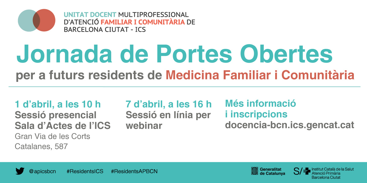 Vols especialitzar-te en medicina familiar i comunitària a l'@apicsbcn? 

🗓️ 1 d'abril, a les 10 h
📍 Sala d'actes d'#icscat

🗓️ 7 d'abril, a les 16 h
💻 Sessió en línia
🔗 Més informació aquí👉atencioprimariaicsbcn.wordpress.com/2022/03/21/uni… #residentsICS