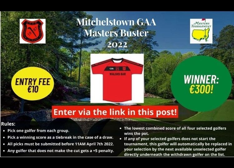 It's that time of the year again folks and Mitchelstown GAA Players Fund are back with the Masters Buster. For just €10 you could walk away with €300 cash 🤑 Entries at link below 
member.clubforce.com/memberships_ca…