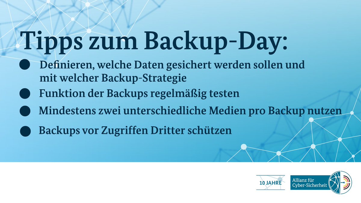 CyberAllianz's tweet photo. Gerade #Unternehmen sind auf ihre #Daten angewiesen. Vorfälle, wie technisches Versagen oder #Ransomware können zu #Datenverlust führen. Backups sind wichtig für eine gute Prävention. Daher hier Tipps zum #Backup-Day 👇

Mehr: https://t.co/ZMfkdDt6TG
#DeutschlandDigitalSicherBSI https://t.co/RUKSvjBS0b