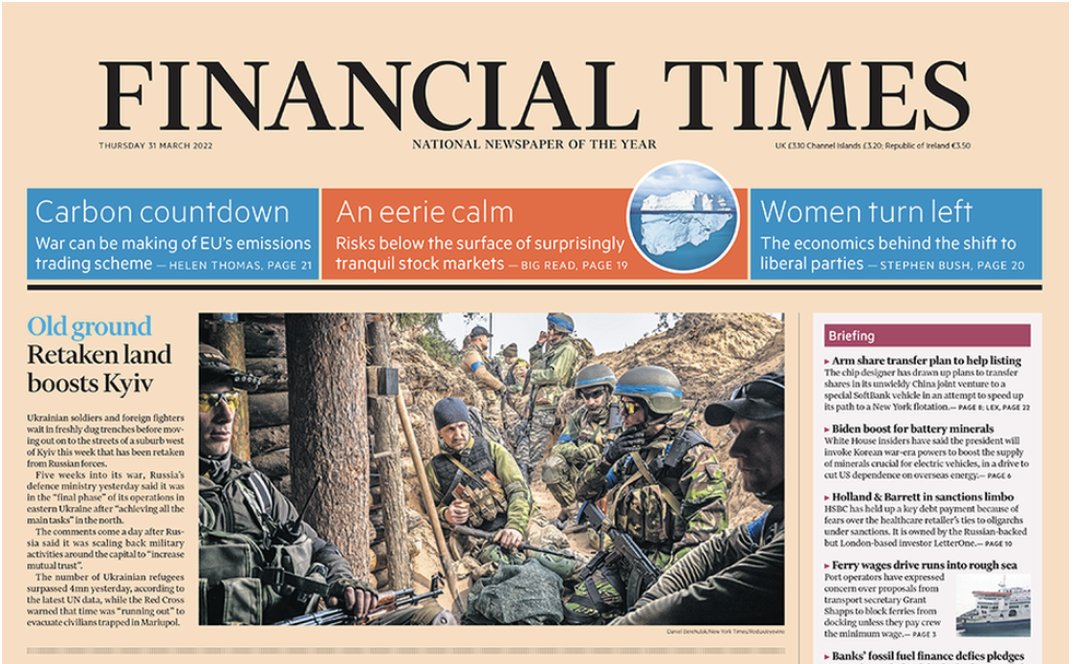 Financial Times. Ukrainian soldiers and foreign fighters wait before advancing in the streets during a clearing-out operation of remaining Russian forces in Irpin, Ukraine. Photo © Daniel Berehulak / New York Times / <a href="/Redux/">REDUX</a> / <a href="/eyevine/">eyevine</a>