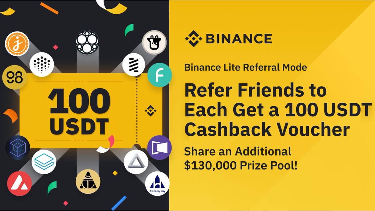 binance's tweet photo. Introducing #Binance Lite Referral!

Refer your friends to each receive a 100 $USDT Cashback Voucher and enjoy an additional $130,000 prize pool.

➡️ https://t.co/W4L9GEN2Y5 https://t.co/47XbfNJqZm