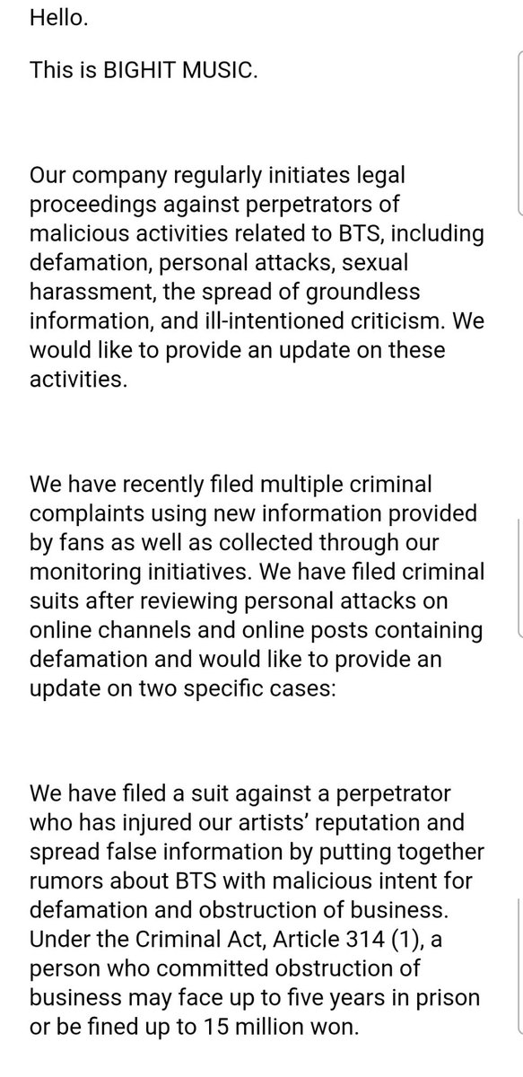 Qg_Barmys's tweet photo. 🔮[⚠️] Comunicado da Bighit Music sobre atualização de processos judiciais contra a violação dos direitos dos artistas: 

“Olá.
Esta é a BIGHIT MUSIC.

Nossa empresa inicia regularmente processos legais contra autores de atividades maliciosas relacionadas ao BTS, incluindo [+] https://t.co/CLHJapX5iK