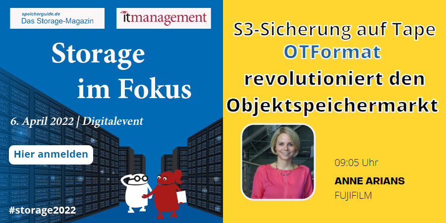 speicherguide's tweet photo. #storage2022 Digitalevent am 06.April
09:05 Anne Arians, @FujifilmDE
Erklärt die Software #ObjectArchive und wie sich #Objektspeicher-Daten sinnvoll auf Band sichern lassen.
Melden Sie sich am besten gleich an 👉https://t.co/LCvtx7Apax
Mit @itmanagement_de @FujifilmDS
#storage https://t.co/TEyVpYPPKp