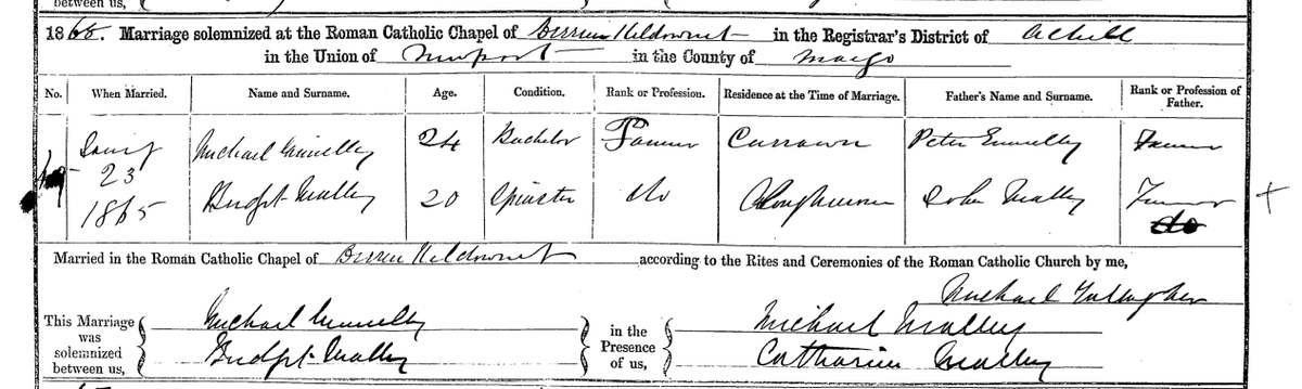 'Currawn' & 'Cloughmore'? Michael Ginnelly & Bridget Malley married in Cill Damhnait? @a_thaiscidh @Achilloralhist Reckon this could be Bríd Ní Mháille, who died in Rosturk in 1939 (her son Thomas Ginnelly witnessed). An aithníonn sibh í? #bleachtaireacht #Acaill #NahOileáinAbú