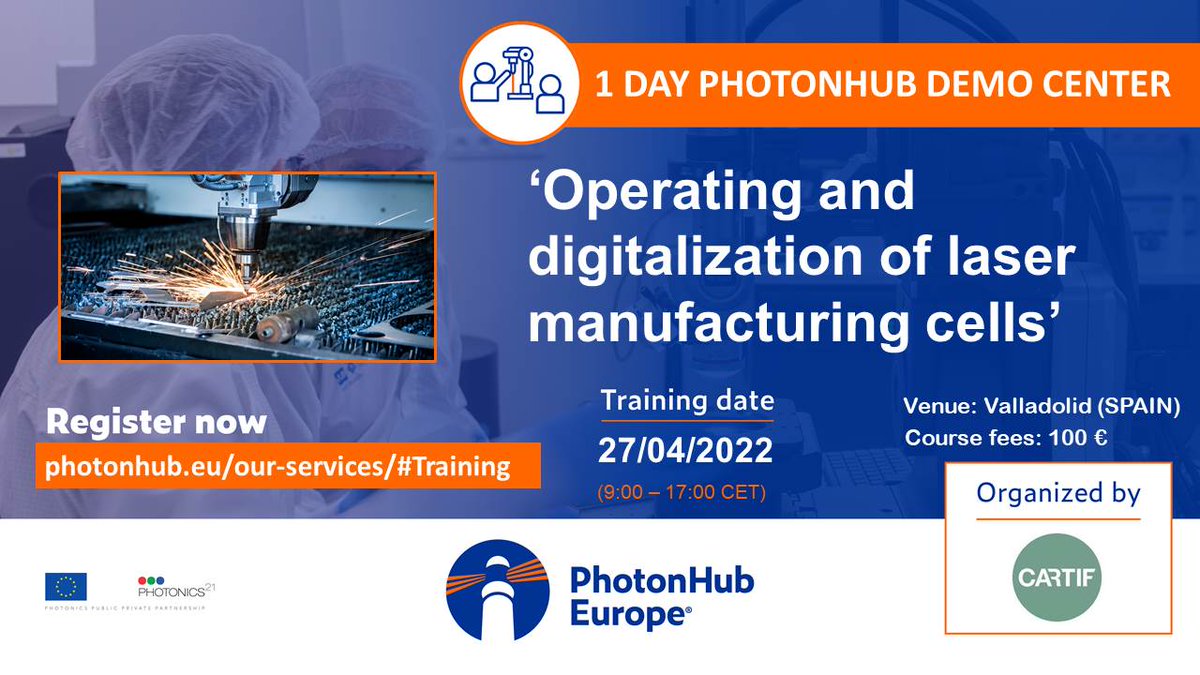 <a href="/CARTIFCT/">CARTIF</a> is hosting a 1-day <a href="/PhotonHub/">PhotonHub</a> course, where you will discover the fundamentals of the #Laser technology in manufacturing processes. The course will be hold in Boecillo (SPAIN) on April 27 at an affordable fee. Register now ecosystem.photonhub.eu/trainings/prod… #PhotonHub #photonicseu