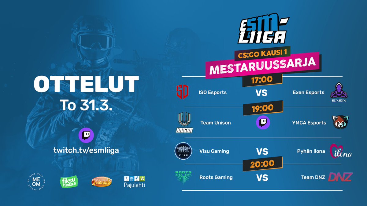 Torstai-iltana vuorossa Mestaruussarjassa!🔥

@EsportsISO vs. <a href="/ExenEsports/">EXEN</a> 
⏰17.00

<a href="/UNISONWIN/">UNISON</a> vs. <a href="/EsportsYmca/">YMCA Esports</a> 
⏰19.00
📺Twitch.tv/esmliiga

@visugamingeu vs. Pyhän Ilona
⏰19.00

<a href="/RootsGaming1/">Roots Gaming</a> vs. <a href="/TeamDNZ_/">Team DNZ</a> 
⏰20.00

#esportsfi #csgofi #esmliiga