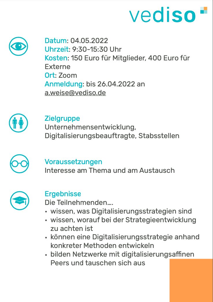 Vediso_eV's tweet photo. #Digitalisierungsstrategie - Was ist das und wie können wir sie entwickeln? Herzliche Einladung zum #Workshop am 04.05.2022! Der Workshop ist offen für alle gemeinnützigen Träger und #Sozialunternehmen.
Alle Infos unter: https://t.co/jr4tsaG5XX https://t.co/FvFP5g81SS