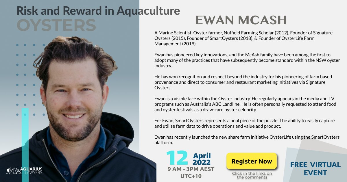 Introducing one of our speakers for the upcoming event, Risk and Reward #Aquaculture - #Oysters:

Ewan McAsh: Co-Founder &amp; CEO #SmartOysters Pty. Ltd. 

To watch the Live event register here: cvent.me/Z1XXam?RefId=h… 

#oysteraquaculture #oysterfarming #oystergrower #sustainable