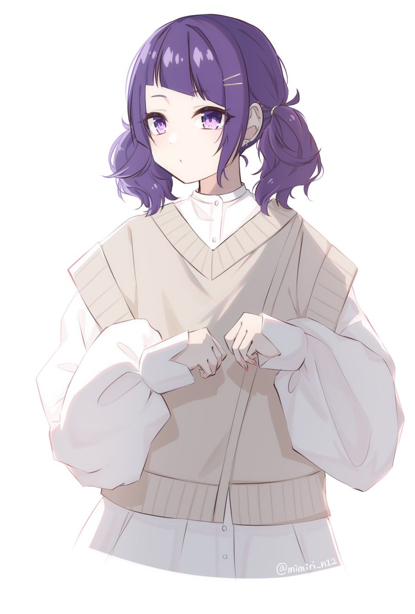 tanaka mamimi 1girl diagonal bangs solo twintails purple hair purple eyes white background  illustration images