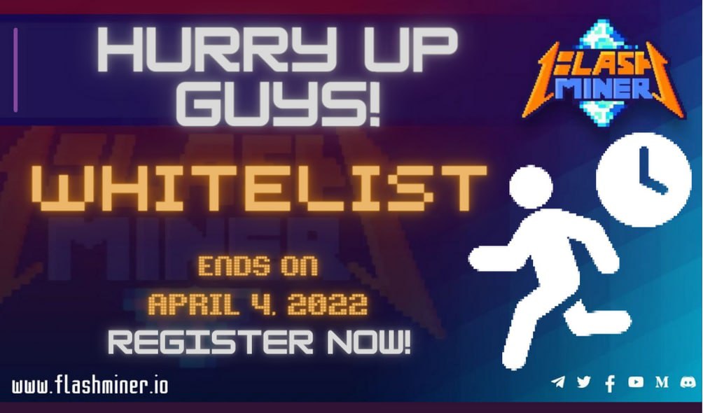 Flash_Miner's tweet photo. ⏰ Tick-Tok-Tick-Tok 

🏃🏻 Hurry up, Guys! 
💈 Whitelist end date on 04/04/2022

Send your entries to our whitelist event!

⚡️Whitelist Event:
https://t.co/Z1lW7srhAM

Grab the opportunity before Whitelist closes. 

✅ Flashminer Team

            ⚡️⚡️⚡️⚡️⚡️⚡️⚡️⚡️⚡️ https://t.co/mx3hsBXttg