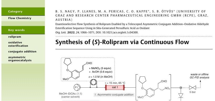 I am happy to share that our enantioselective #continuousflow process for the synthesis of rolipram got featured by #synfacts. <a href="/JOC_OL/">J Org Chem/Org Lett</a> 

<a href="/BenceNagy93/">Bence Nagy</a> <a href="/KappeLab/">Kappe Research Group</a> <a href="/Pericas_Lab/">Pericàs Lab</a>

thieme-connect.de/products/ejour…