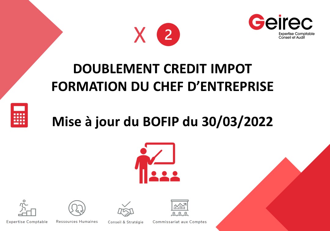 Philippe Legault (@phlegault) on Twitter photo Doublement du Crédit ImpÎt Formation du Chef d'Entreprise
Entreprises - de 10 pers. et CA ou bilan est < Ă 2 MâŹ
Maxi : 2X40 heures x SMIC (845.60 ⏠de Crédit d'ImpÎt)
Entrée en vigueur : heures de formation effectuées à compter du 01/01/2022
lnkd.in/efUiHRnP
<a href="/geirec/">Geir Evensen-Clement</a> Doublement du Crédit ImpÎt Formation du Chef d'Entreprise
Entreprises - de 10 pers. et CA ou bilan est < Ă 2 MâŹ
Maxi : 2X40 heures x SMIC (845.60 ⏠de Crédit d'ImpÎt)
Entrée en vigueur : heures de formation effectuées à compter du 01/01/2022
lnkd.in/efUiHRnP
<a href="/geirec/">Geir Evensen-Clement</a>