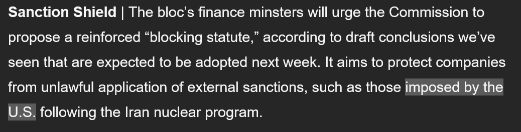 TGehrke_'s tweet photo. 🇪🇺 member states ask the Commission to reform the #BlockingStatute - the bloc's answer to combat extra-territorial sanctions.
Some background
#geoeconomics
1/ https://t.co/VxGVJUAX6C