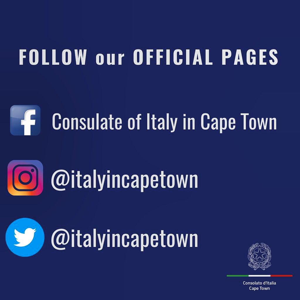 ItalyinCapeTown's tweet photo. ➡️ Follow all our official pages of the Consulate of Italy in Cape Town! 🇮🇹🇿🇦  

Stay tuned!

 #italyincapetown 
 #capetown 
 #italianconsulate https://t.co/DrBIt1gi85