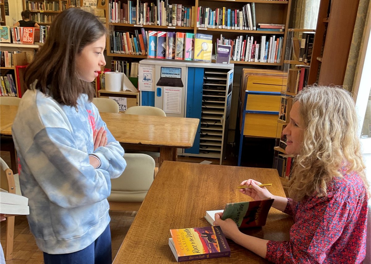 QG_Library's tweet photo. Yesterday, we had the great pleasure of welcoming 2022 @BranfordBoase longlisted author @AnneliseGray to QG! 📚 We loved hearing about the #CircusMaximus and the inspiration behind Dido's story! #RaceToTheDeath #RivalsOnTheTrack #readingforpleasure #QGSeniors #QGJuniors https://t.co/H35gnxjv4w