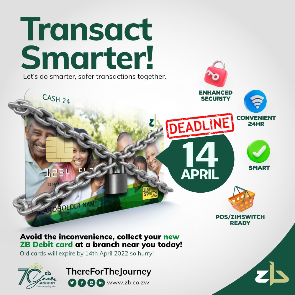263Chat's tweet photo. Avoid the inconvenience, collect your new @ZB_Bank Debit Card at a branch near you today!
Old cards will expire by 14 April 2022.
#GoBig #ZBBank https://t.co/t1WIRAEsdk