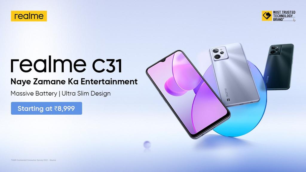 TechnophileDost's tweet photo. #RealmeC31 Launched in India

6.5-inch HD+ 60Hz IPS LCD Display
Unisoc T612
5MP Front | 13+2+0.3MP Rear
3/4GB LPDDR4x RAM
32/64GB UFS 2.2 Storage
5000mAh 10W
Realme UI R Edition
Android 11
Side Mounted FPS
8.4mm
197g

3GB+32GB = ₹8,999
4GB+64GB = ₹9,999
#realmec31 #RealmeGTNeo3 https://t.co/LWB9Xij15X
