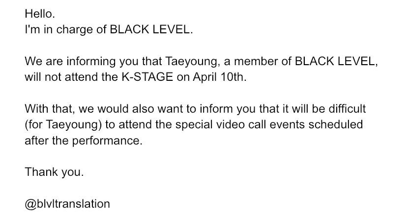 📢 NOTICE

BLACK LEVEL member Taeyoung will not be attending K-STAGE on April 10th.

#BLACK_LEVEL #블랙레벨
#TAEYOUNG #태영
