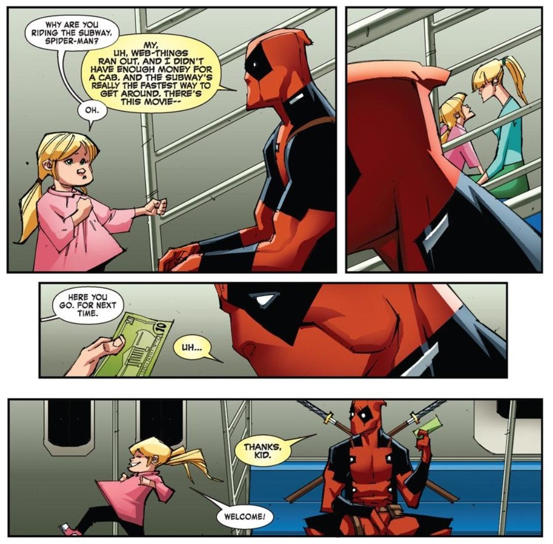 왜 지하철을 타고 있어요, 스파이더맨?

내, 음, 거미줄이 다 떨어졌거든 그리고 택시를 탈 돈이 없었어. 또 지하철은 가장 빠르게 돌아다닐 수 있는 방법이란다. 거기엔-..

(불쌍했는지 가서 엄마와 이야기 후 10달러 챙겨옴) 
여깃어요. 다음에 쓰세요.

어..
고마워 아가.

천만에요!(뿌듯!)