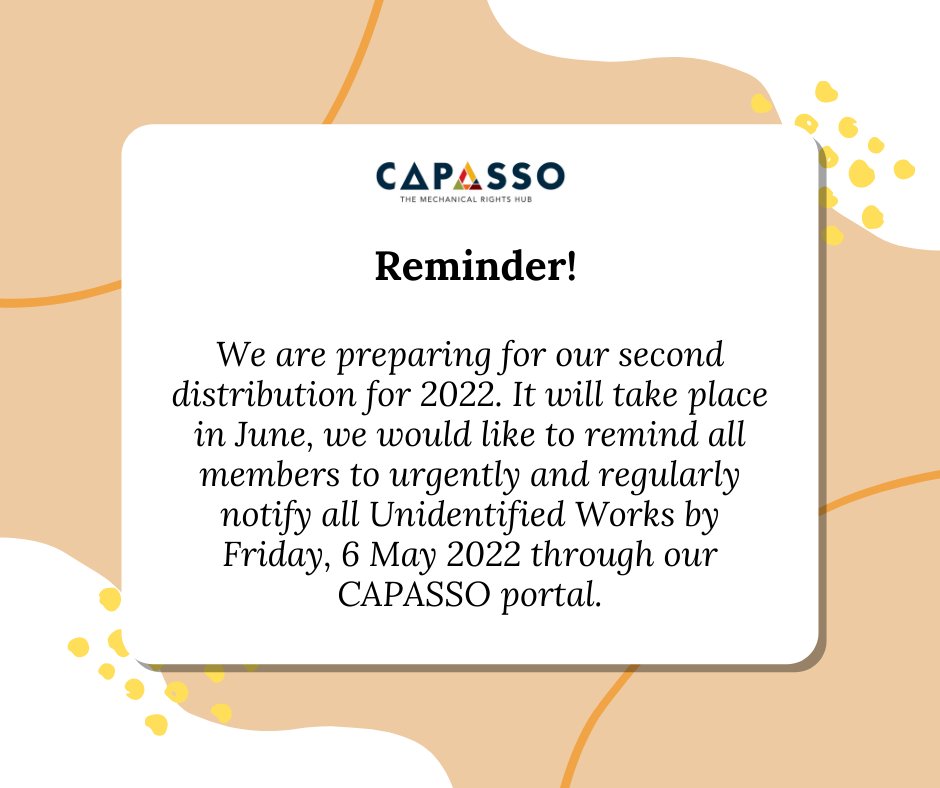 CapassoHub's tweet photo. We would like to remind all members to urgently and regularly notify all Unidentified Works by Friday, 6 May 2022 through our CAPASSO portal.

We highly recommend that all members urgently submit to avoid last-minute submission.
#notificationsofwork
#thursday https://t.co/2XnYxp6CN7