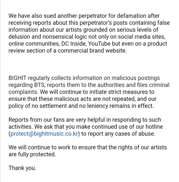 [COMUNICADO WEVERSE] 📄 <a href="/BTS_twt/">방탄소년단</a>

Hola.
Esto es BIGHIT MUSIC.

Nuestra empresa inicia regularmente procedimientos legales contra los autores de actividades maliciosas relacionadas con BTS, incluida la difamación, los ataques personales, el acoso sexual, la ++