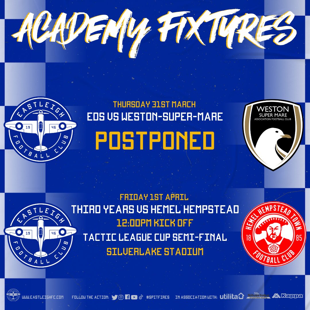 EastleighFCAcad's tweet photo. 📋 Today's EDS game is postponed, so it's full focus on Friday for our Third Years' big game! 🙌

🆚 @tudorsacademy
🏆 @TacticLeague Cup Semi-Final
🏡 Silverlake Stadium
🕛 12:00PM
🎟 FREE ENTRY https://t.co/zGY8fGA80E