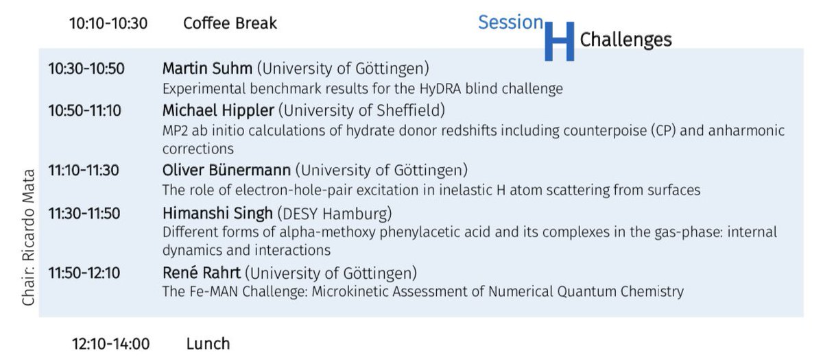 Bench_unigoe's tweet photo. After the coffee ☕️ break, the last session starts. It is hosted by @notherChemist. We begin with Martin Suhm who presents the experimental benchmark results of the HyDRA challenge. 
https://t.co/BTuhv20pgz
#IBDM #BENChRTG https://t.co/Qj0uyCwiYr