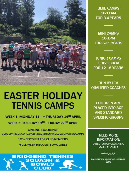 🐣Easter Holiday Tennis Camps

🗣 Help us spread the word - please share 👌 

ℹ️ For more information or to book a space please click on the link below:

clubspark.lta.org.uk/BridgendTennis…

<a href="/tenniswales/">Tennis Wales</a> <a href="/the_LTA/">LTA</a> <a href="/BridgendCBC/">Bridgend CB Council</a>