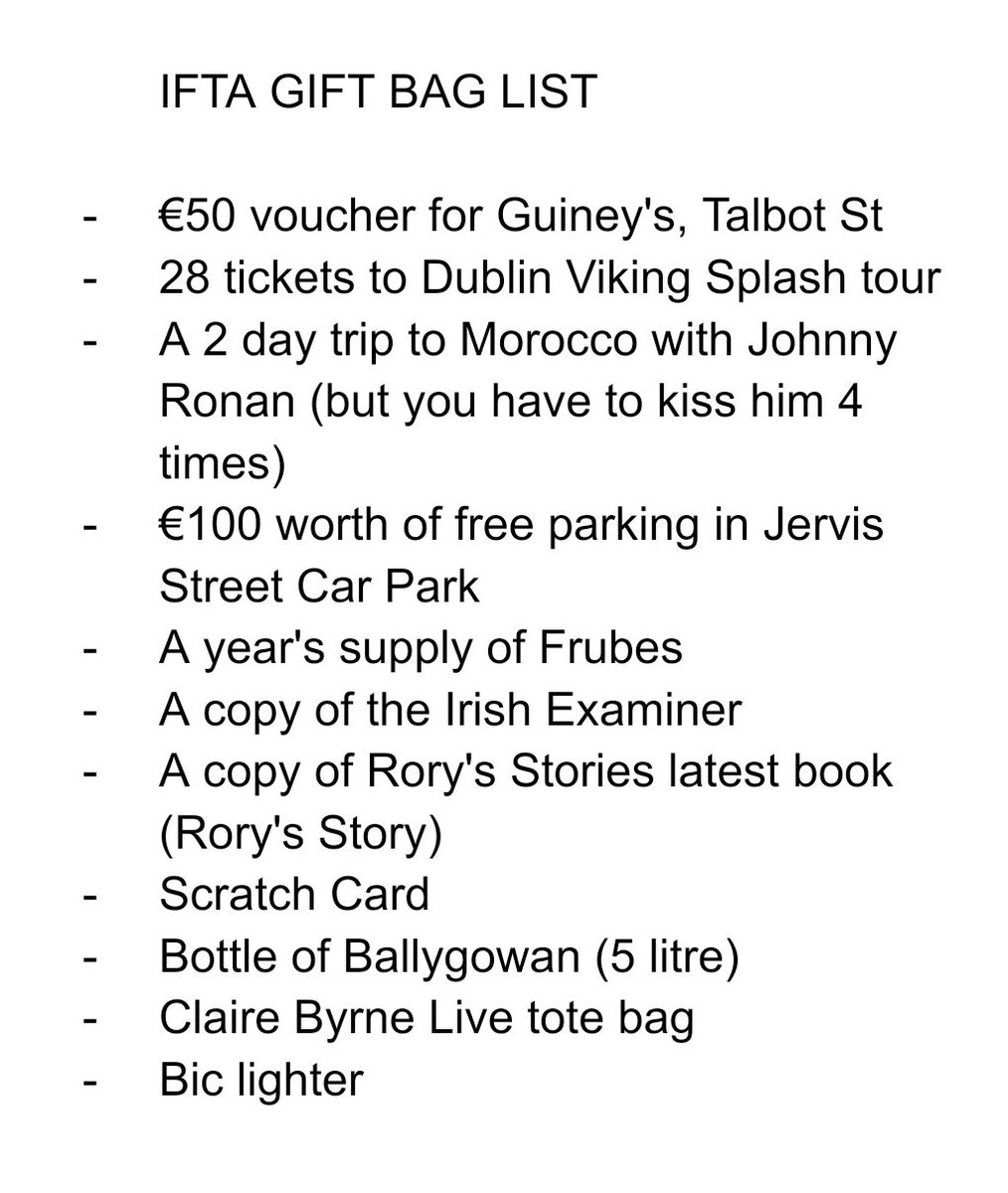 Losing my mind at some of the free items in the <a href="/IFTA/">Irish Film & Television Academy (IFTA)</a> gift bag this year. We really are living on a different planet to these people smh