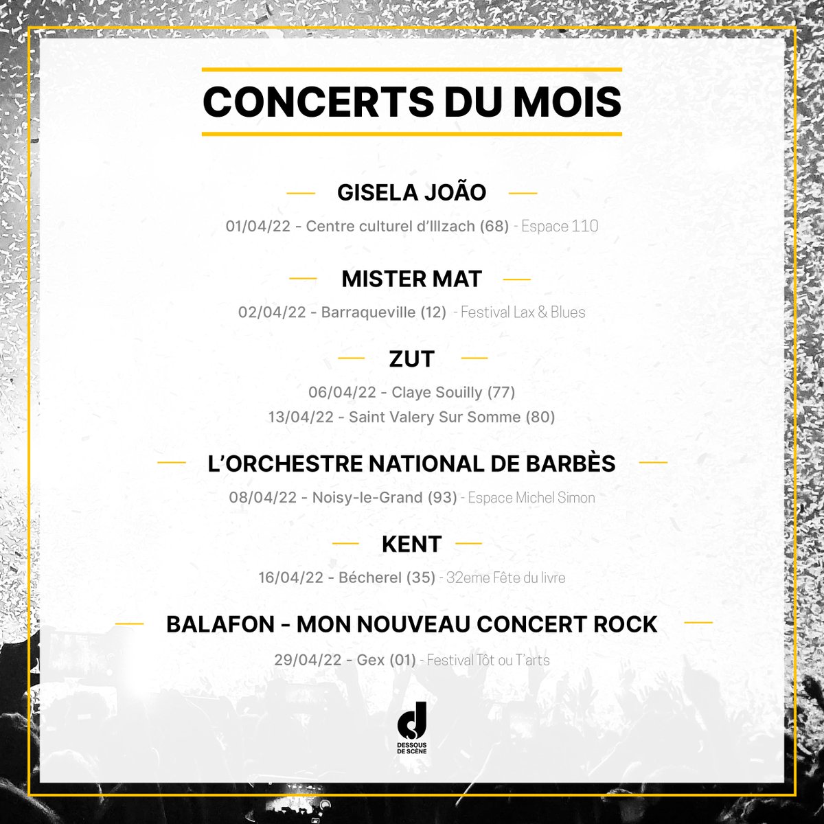 L'agenda du mois d'avril est là, et il commence dès ce vendredi💥
Pour les #billets et les informations, c'est par ici : dessousdescene.com/agenda/

#programmation #artistes #ddslive #concert #dessousdescene