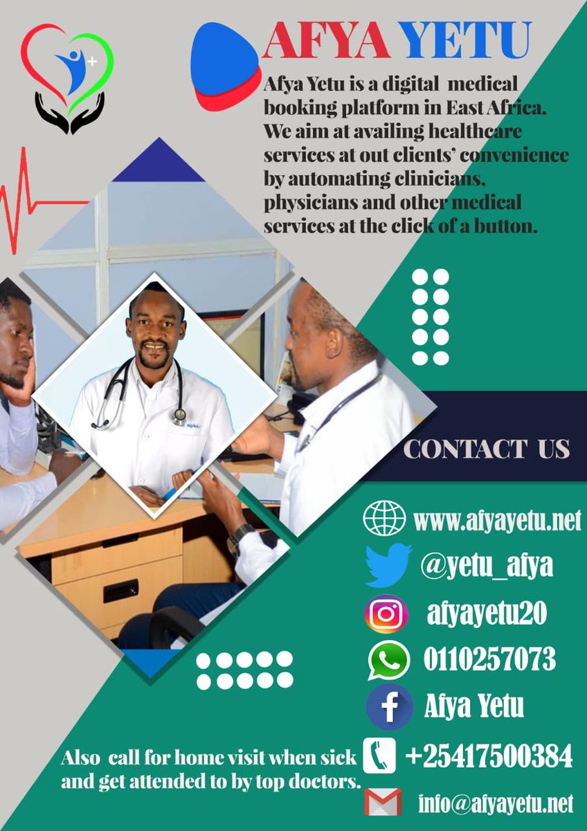 Consult best doctors online. Also call for home visits when sick and get attended to by professional doctors and nurses.
Website link: afyayetu.net
#BBIFinalVerdict 
#sonko 
#WhatsApp 
#The President 
#Daily Nation 
#Zimbabwe #AvoidDisconnection