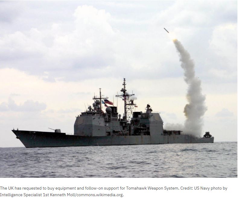NavyClippings's tweet photo. The potential foreign military sale is estimated to be $368.53m.

The US Defence Security Cooperation Agency (DSCA) has notified Congress of a potential foreign military sale (FMS) of the Tomahawk Weapon System (TWS) follow-on support to the UK.  #navy

https://t.co/t8u2dGkLcK https://t.co/kgxvfOWtz9