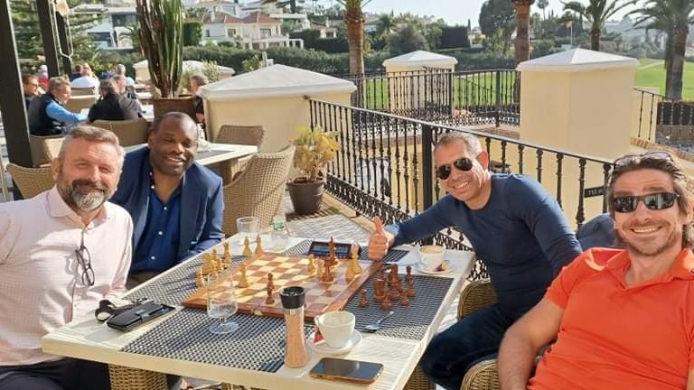 A warm up game of tandem chess for Saturdays Business Meets Chess &amp; Kids tournament at <a href="/LosNaranjosGC/">Los Naranjos GC</a> in Marbella together with Piotr Fernandez, Sebastian Santa Ella and the Membership Director <a href="/KenLingwood/">Ken Lingwood</a>.

Reach out to us if you want to join! 

Visit: businessmeetschessandkids.com/upcoming-events