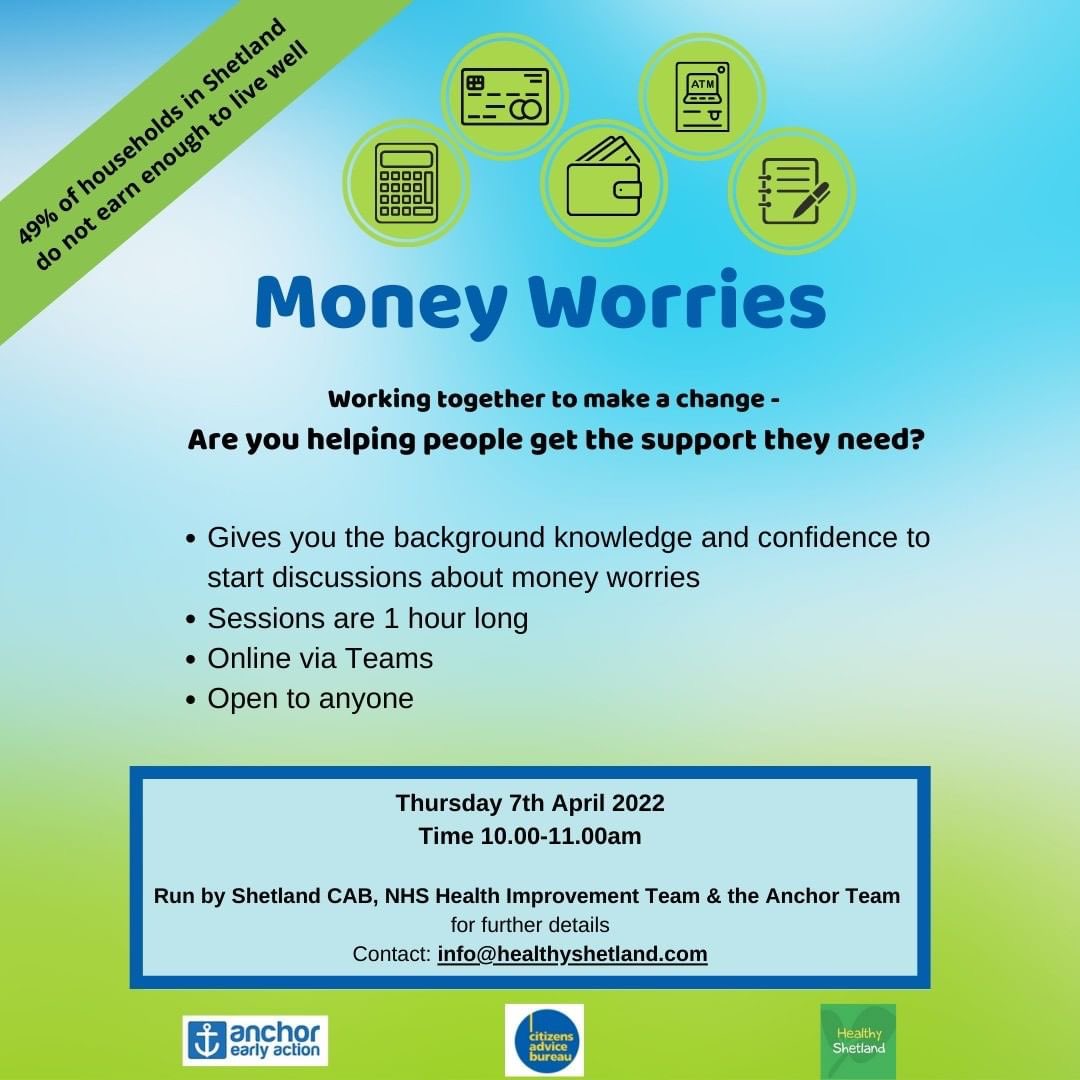 Money worries can have a huge impact on an individuals health and wellbeing. 💰

To sign up for this session or for further information, please email info@healthyshetland.com

#nhsshetland #healthyshetland #shetland #moneyworries #healthyshetland