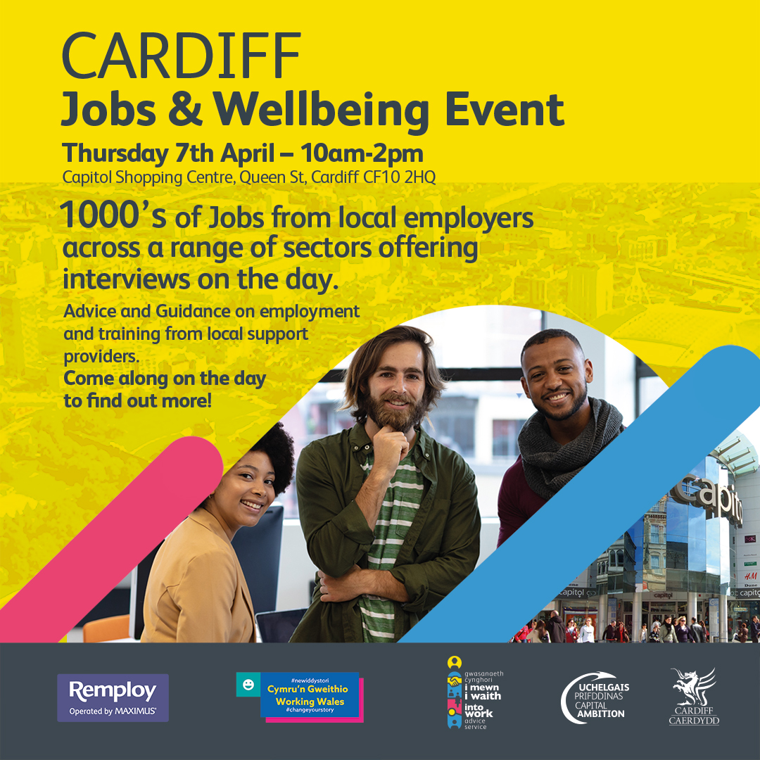 WorkingWales's tweet photo. 📣 #Cardiff!
Looking for employment advice and support? We’ll be at @IntoWorkCardiff’s #JobsandWellbeing event next Thursday at Capitol Shopping Centre from 10am-2pm. Our advisers will be on hand ready to answer your questions.
#IntoWorkCardiff #CardiffJobs @Capitol_Cardiff https://t.co/IoDtfdohAT