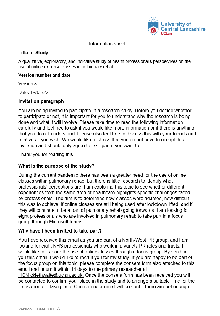 Helenaphysio30's tweet photo. My name is Helena Micklethwaite I am an MSc physiotherapy student at UCLAN. I am looking for participants for a study explained in the attachments. I require 8 individuals who work in the NHS in the North- West within pulmonary rehab. 
Contact me via: HGMicklethwaite@uclan.ac.uk https://t.co/SAcC2zzFwK